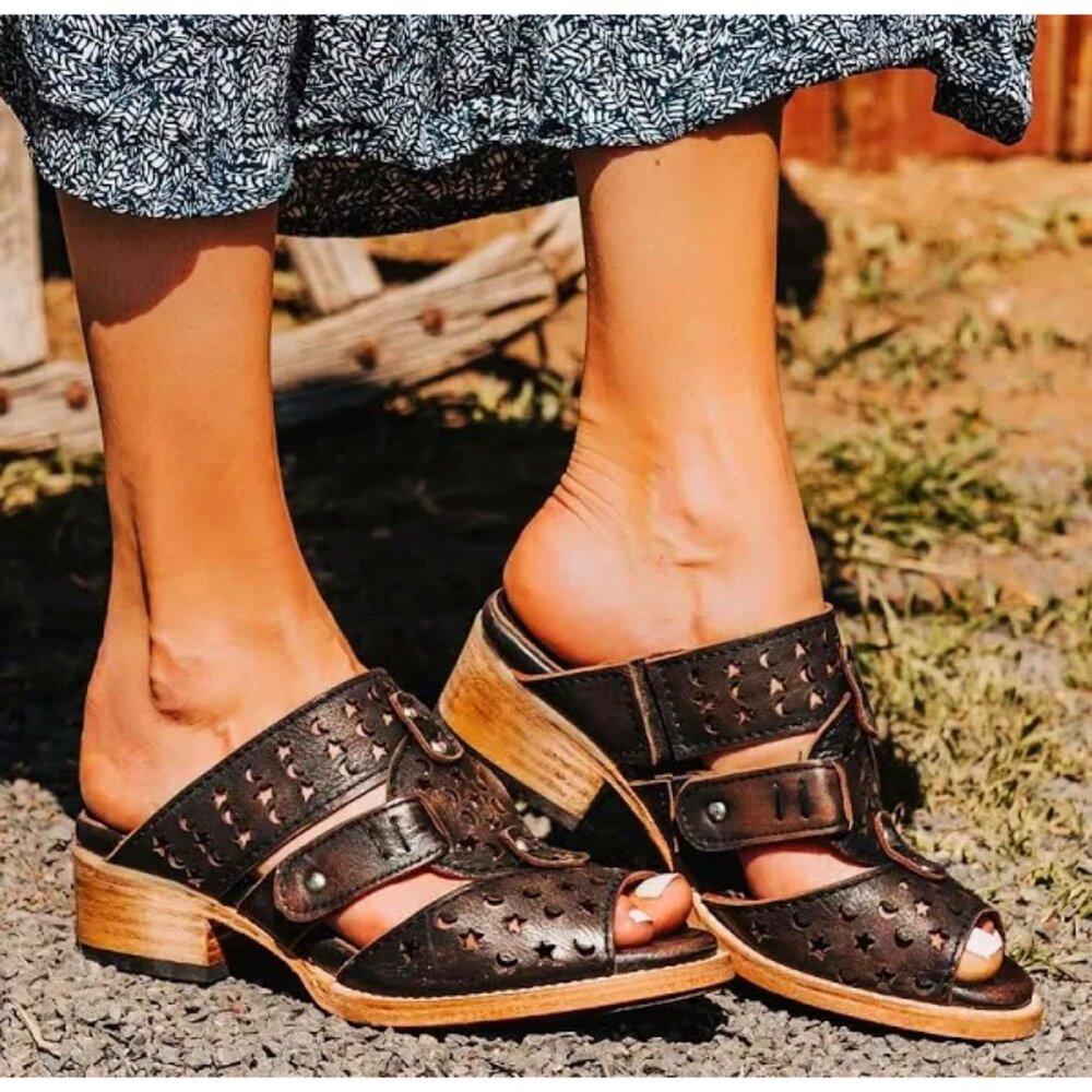Freebird Steven Moonstar Leather Star Cut-Outs Distressed Low Heeled Slides Edgy - Picture 2 of 12
